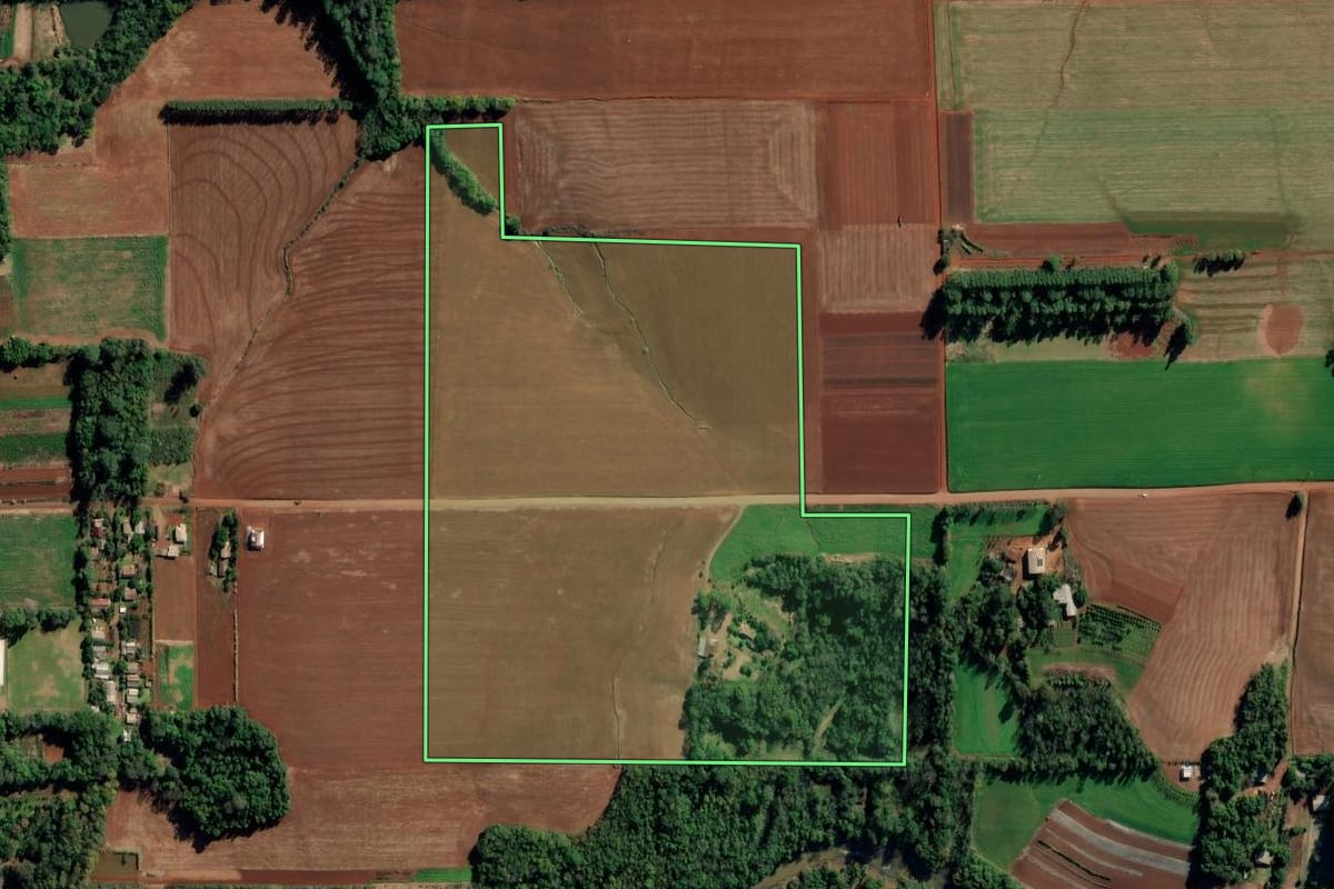 Imagem de satélite do imóvel rural em Ijuí (RS), com o contorno declarado no CAR desenhado por cima.