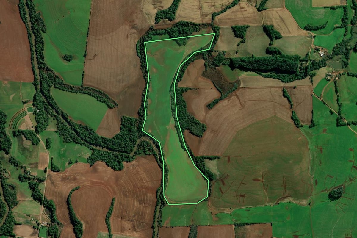 Imagem de satélite do imóvel rural em Ijuí (RS), com o contorno declarado no CAR desenhado por cima.