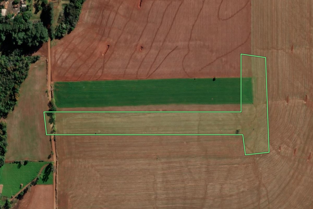 Imagem de satélite do imóvel rural em Ijuí (RS), com o contorno declarado no CAR desenhado por cima.