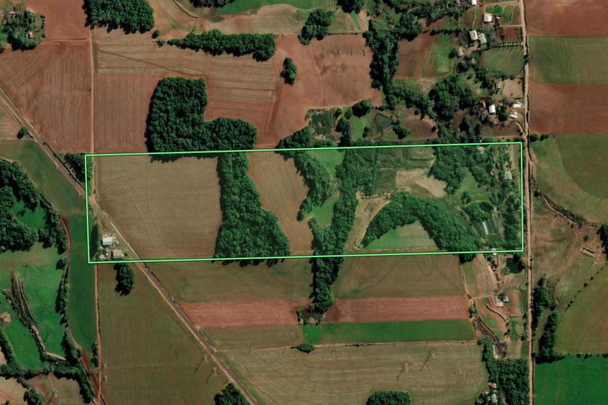 Imagem de satélite do imóvel rural em Ijuí (RS), com o contorno declarado no CAR desenhado por cima.