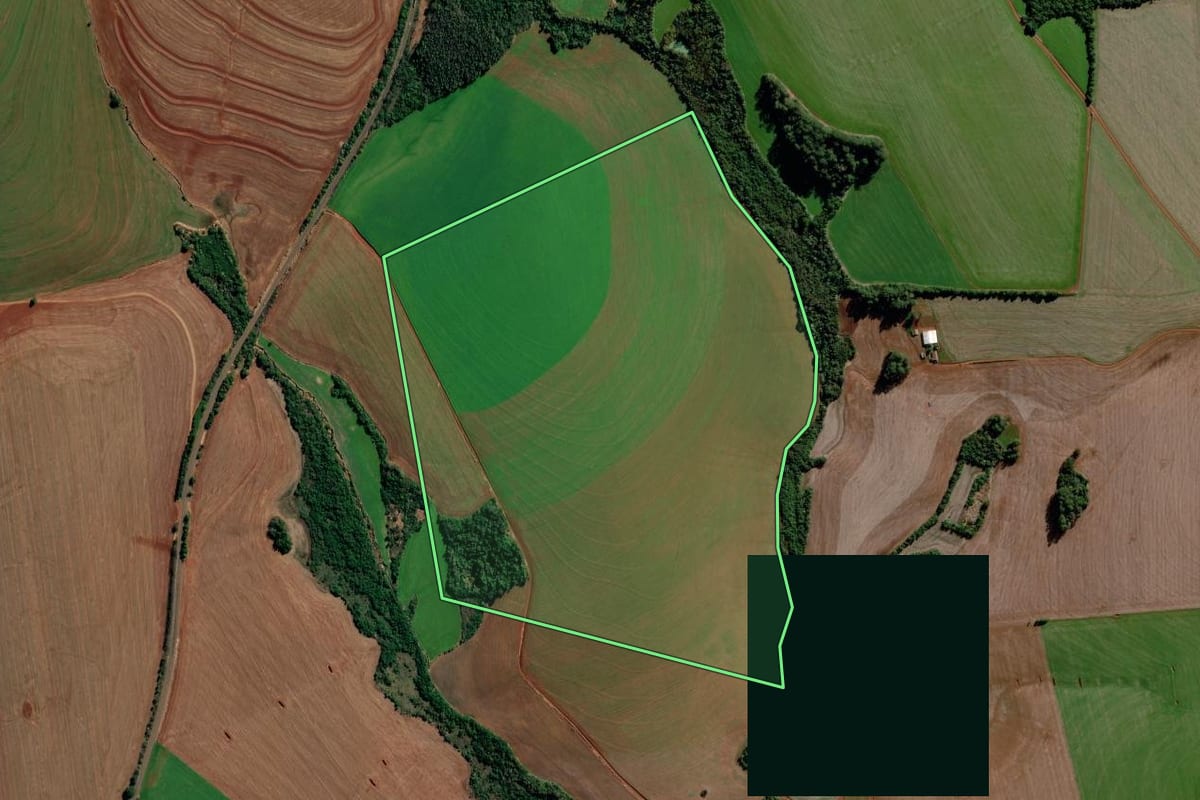 Imagem de satélite do imóvel rural em Ijuí (RS), com o contorno declarado no CAR desenhado por cima.