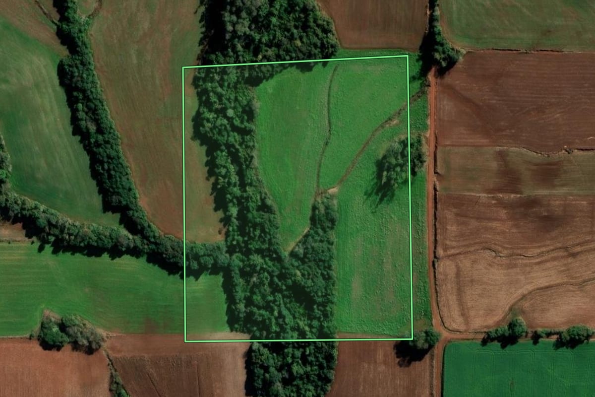 Imagem de satélite do imóvel rural em Ijuí (RS), com o contorno declarado no CAR desenhado por cima.