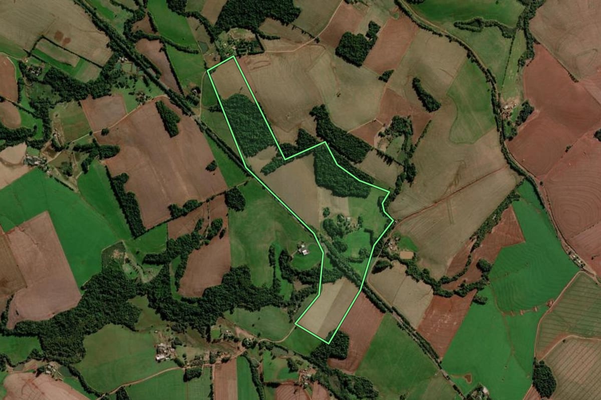 Imagem de satélite do imóvel rural em Ijuí (RS), com o contorno declarado no CAR desenhado por cima.