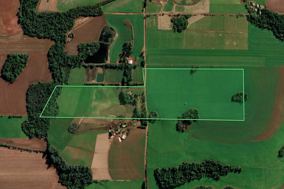 Imagem de satélite do imóvel rural em Ijuí (RS), com o contorno declarado no CAR desenhado por cima.