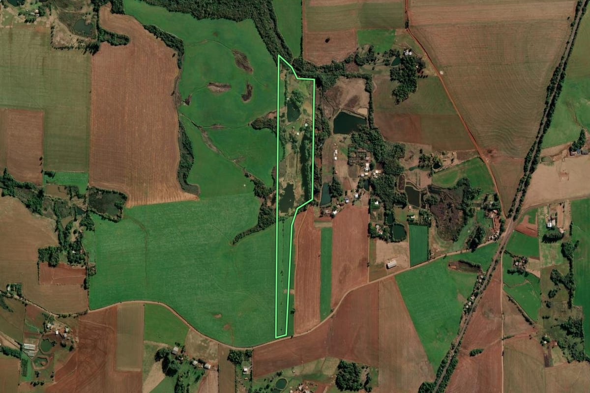 Imagem de satélite do imóvel rural em Ijuí (RS), com o contorno declarado no CAR desenhado por cima.