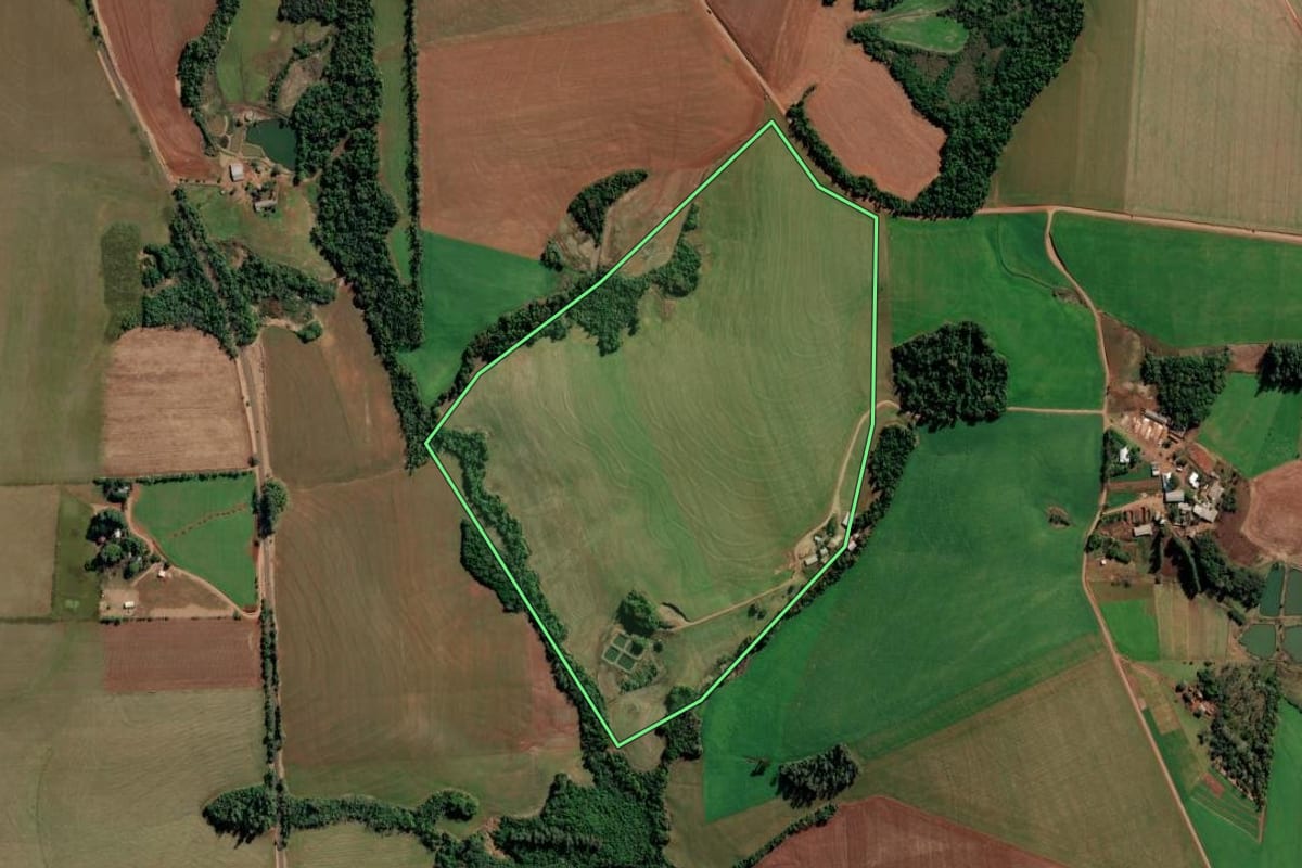 Imagem de satélite do imóvel rural em Ijuí (RS), com o contorno declarado no CAR desenhado por cima.