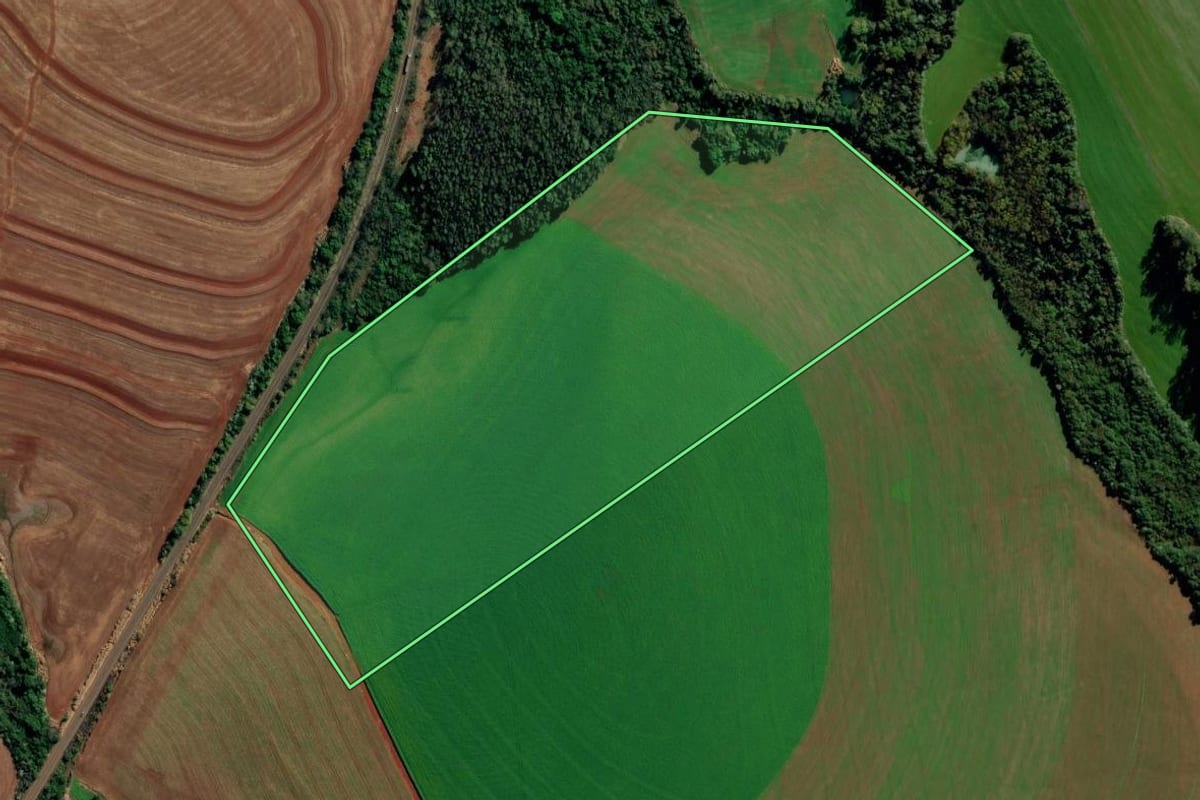 Imagem de satélite do imóvel rural em Ijuí (RS), com o contorno declarado no CAR desenhado por cima.