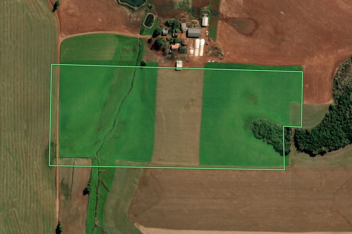 Imagem de satélite do imóvel rural em Ijuí (RS), com o contorno declarado no CAR desenhado por cima.