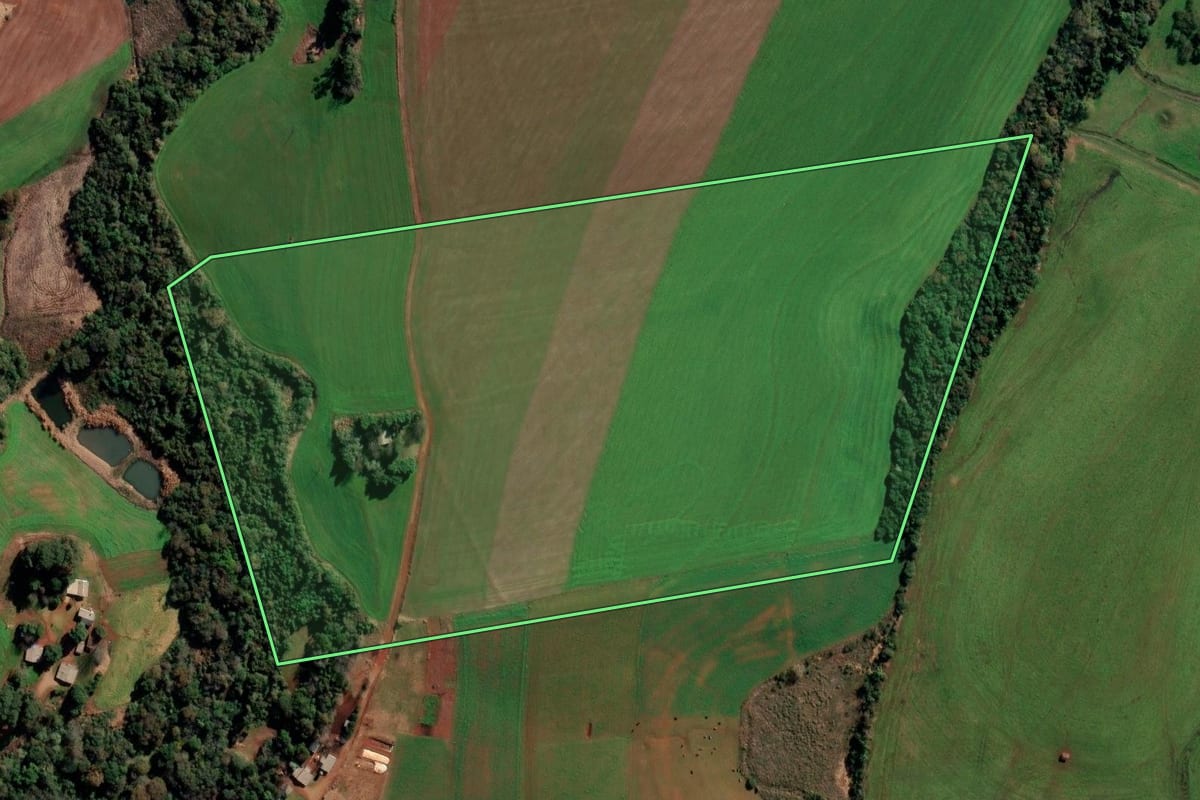 Imagem de satélite do imóvel rural em Ijuí (RS), com o contorno declarado no CAR desenhado por cima.
