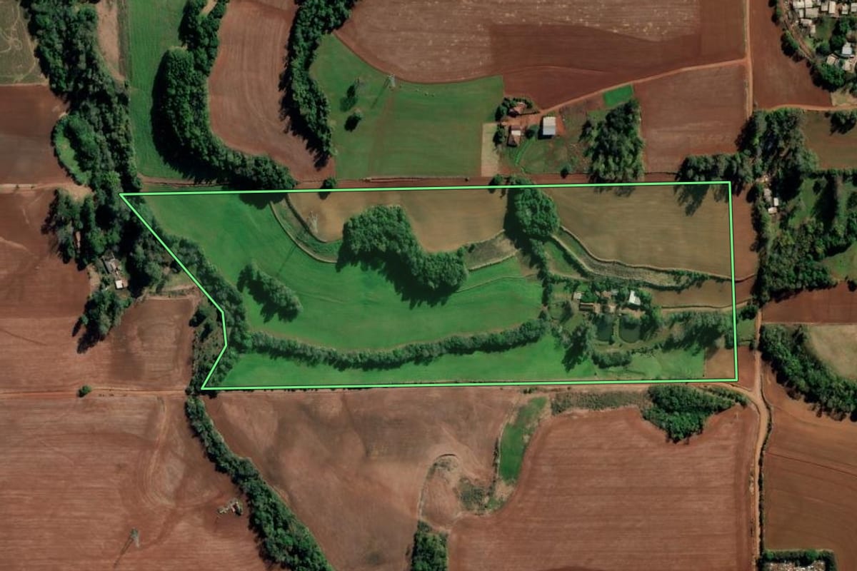 Imagem de satélite do imóvel rural em Ijuí (RS), com o contorno declarado no CAR desenhado por cima.