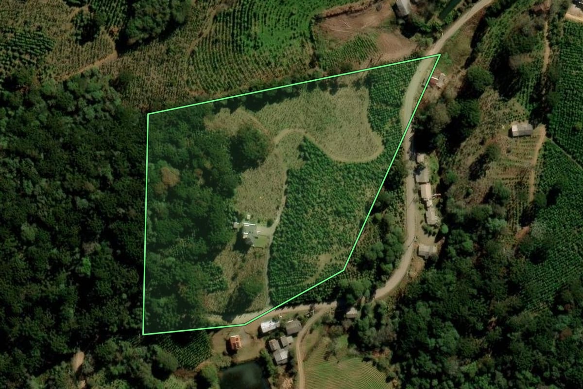 Imagem de satélite do imóvel rural em Ilópolis (RS), com o contorno declarado no CAR desenhado por cima.