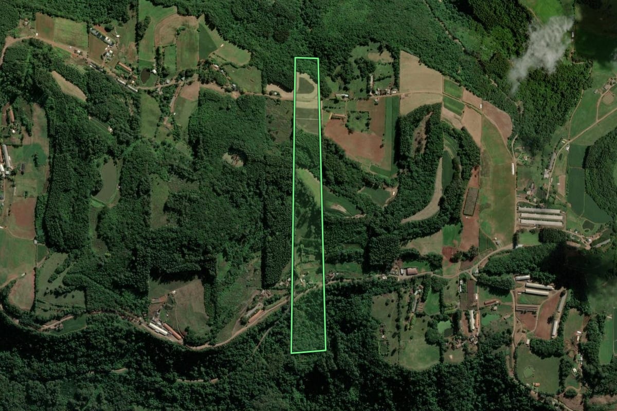 Imagem de satélite do imóvel rural em Imigrante (RS), com o contorno declarado no CAR desenhado por cima.
