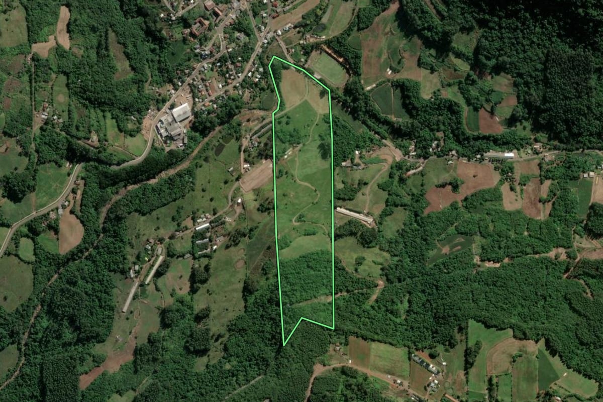 Imagem de satélite do imóvel rural em Imigrante (RS), com o contorno declarado no CAR desenhado por cima.