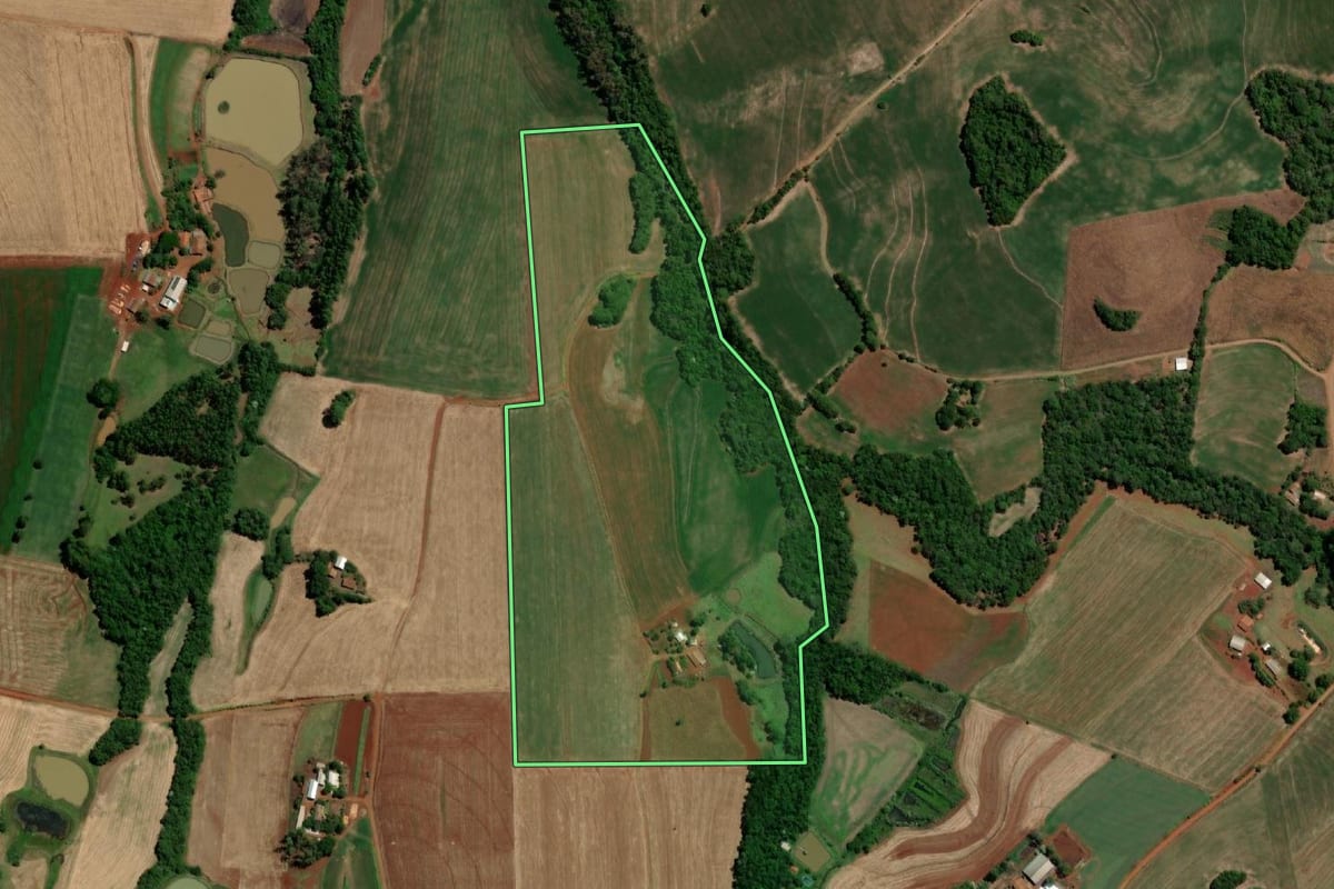 Imagem de satélite do imóvel rural em Independência (RS), com o contorno declarado no CAR desenhado por cima.