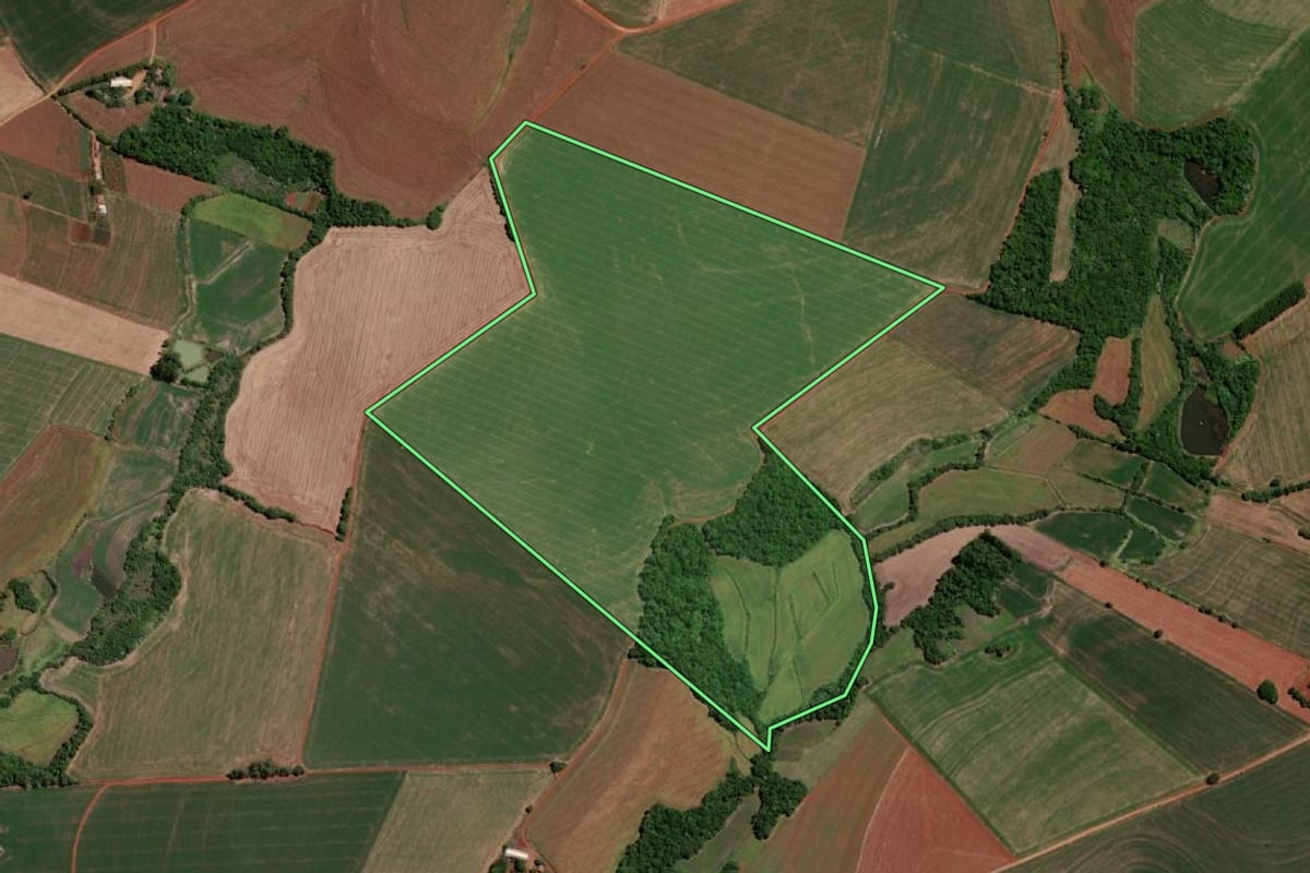 Imagem de satélite do imóvel rural em Independência (RS), com o contorno declarado no CAR desenhado por cima.
