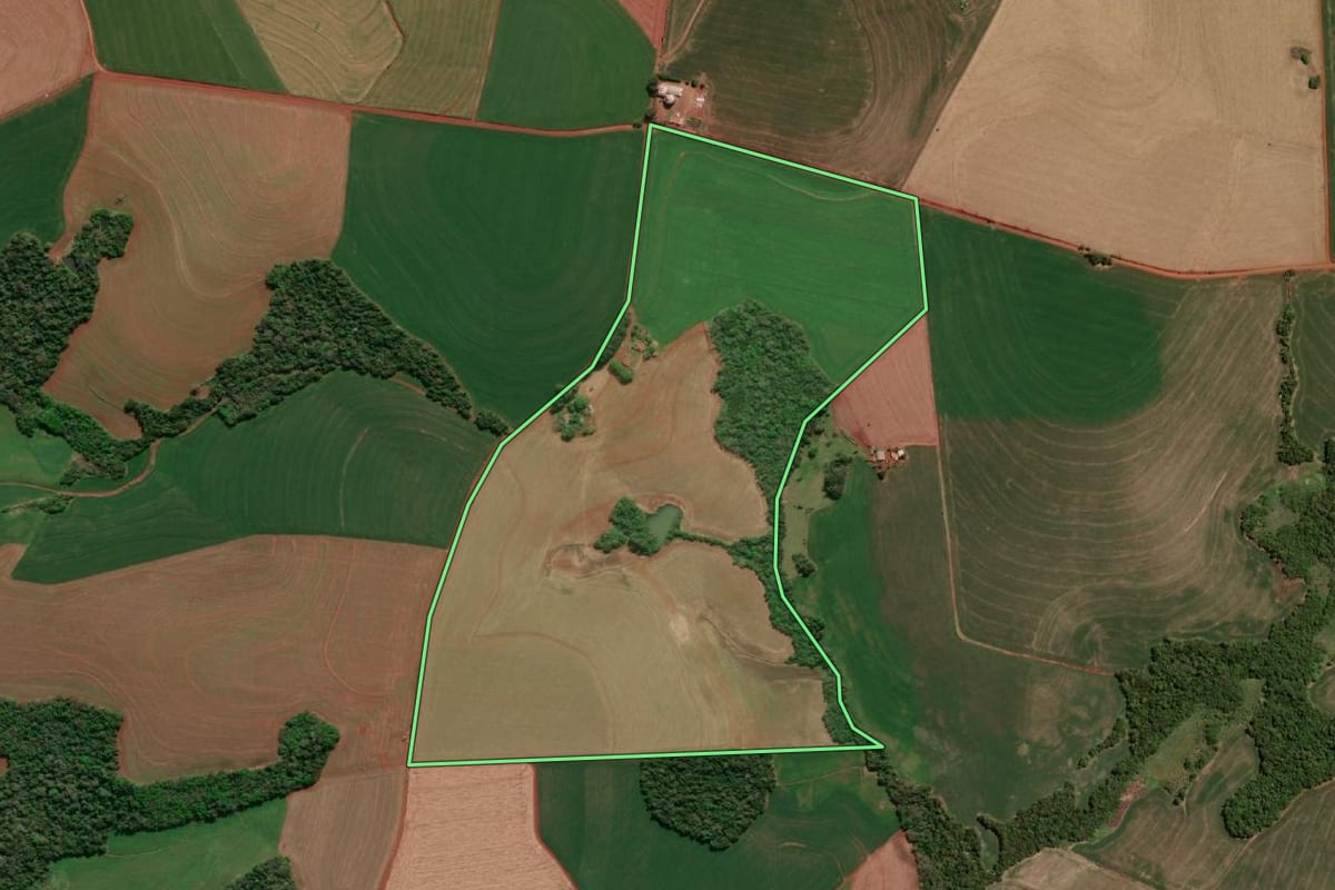 Imagem de satélite do imóvel rural em Independência (RS), com o contorno declarado no CAR desenhado por cima.