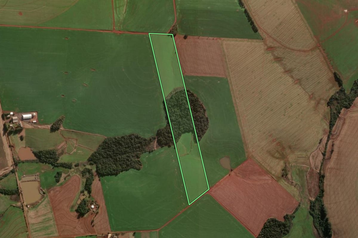 Imagem de satélite do imóvel rural em Independência (RS), com o contorno declarado no CAR desenhado por cima.
