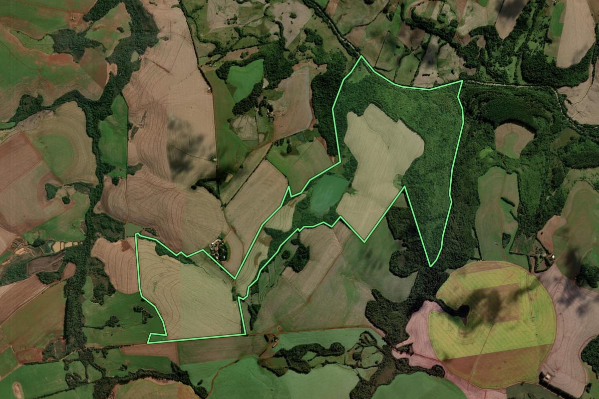 Imagem de satélite do imóvel rural em Independência (RS), com o contorno declarado no CAR desenhado por cima.