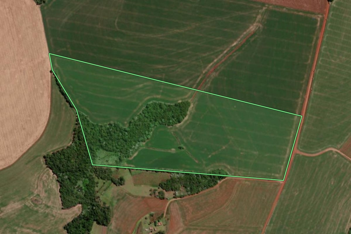 Imagem de satélite do imóvel rural em Independência (RS), com o contorno declarado no CAR desenhado por cima.
