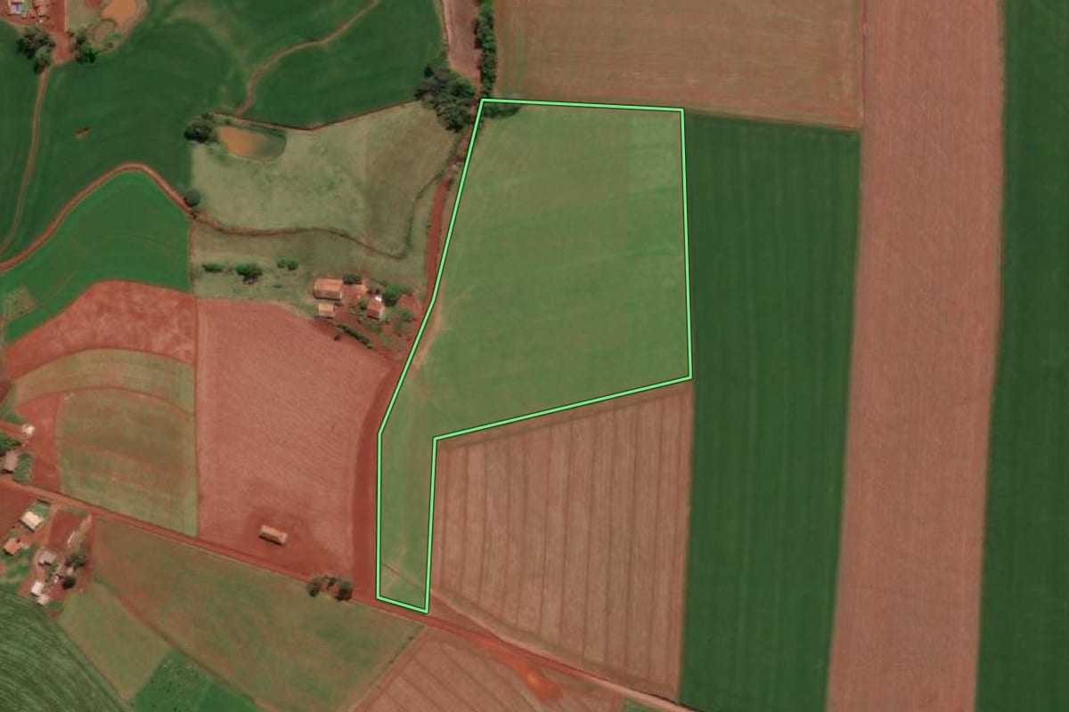 Imagem de satélite do imóvel rural em Independência (RS), com o contorno declarado no CAR desenhado por cima.