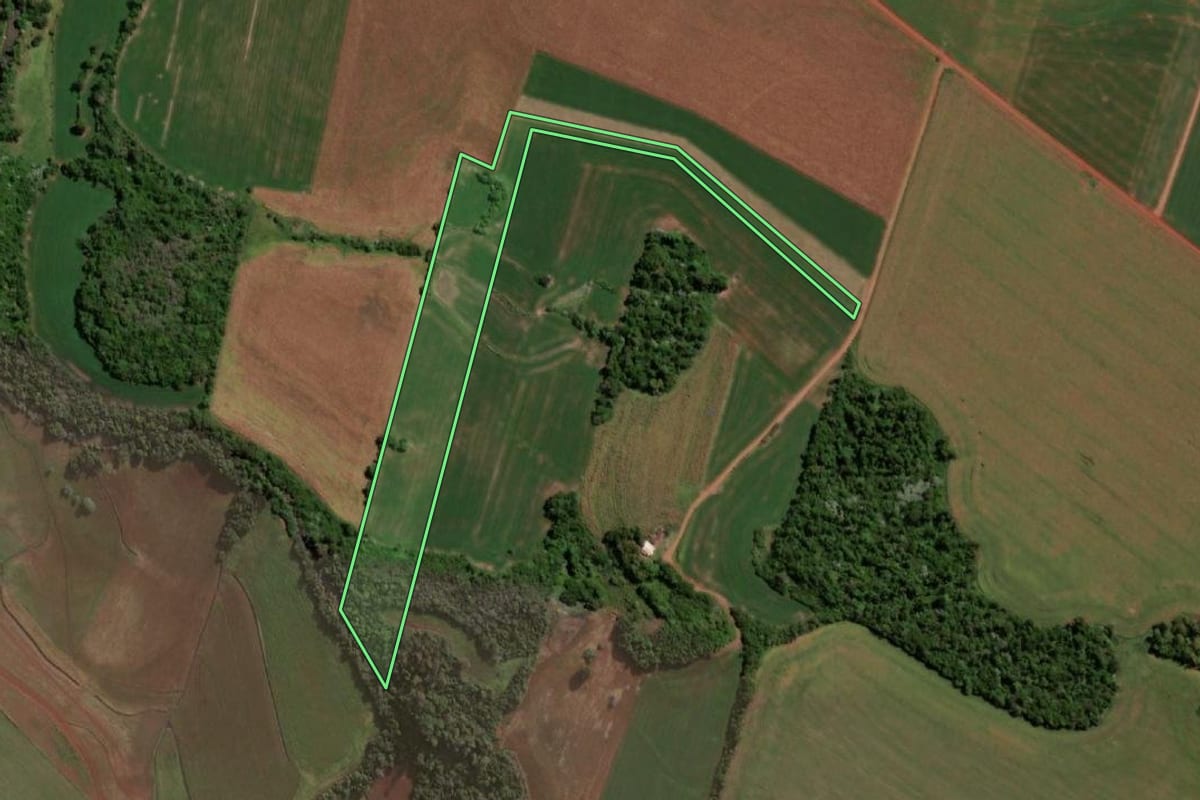 Imagem de satélite do imóvel rural em Independência (RS), com o contorno declarado no CAR desenhado por cima.