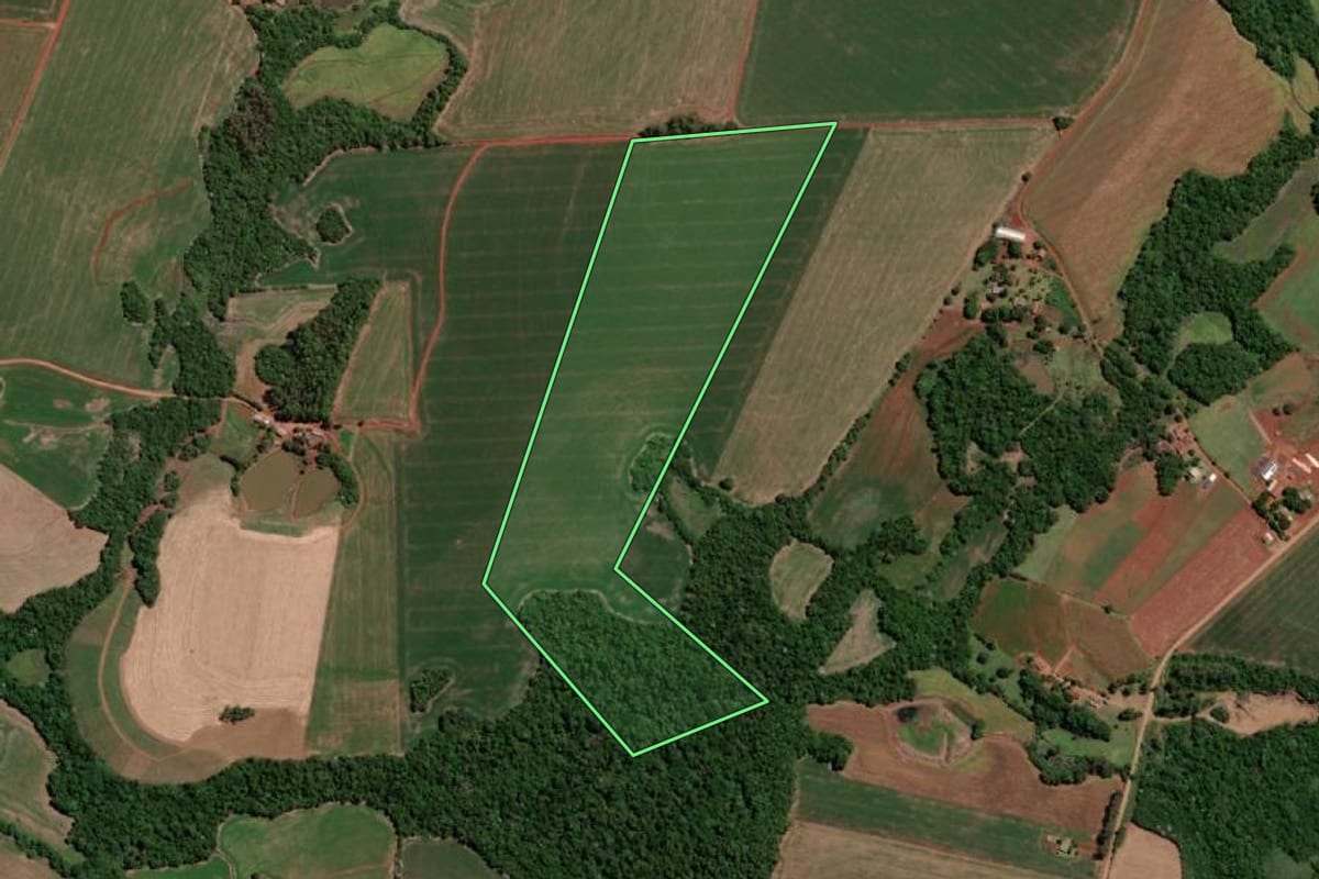 Imagem de satélite do imóvel rural em Independência (RS), com o contorno declarado no CAR desenhado por cima.