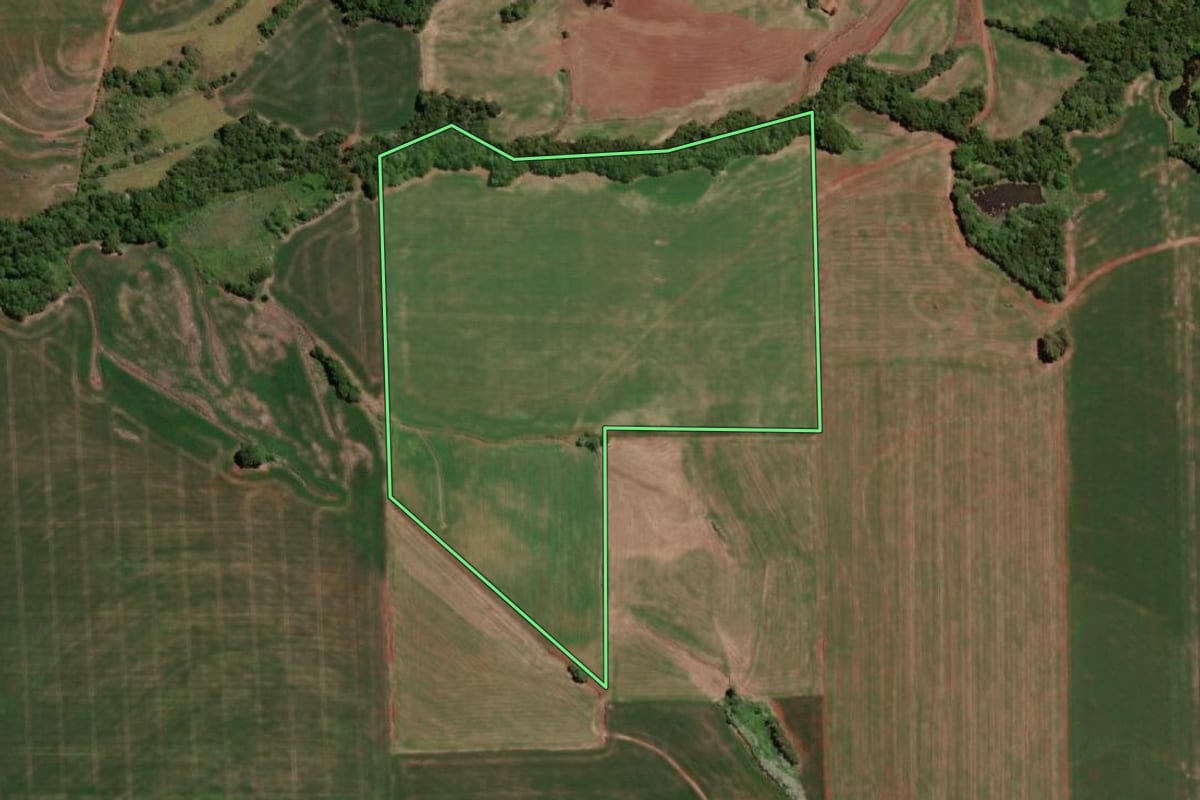 Imagem de satélite do imóvel rural em Independência (RS), com o contorno declarado no CAR desenhado por cima.