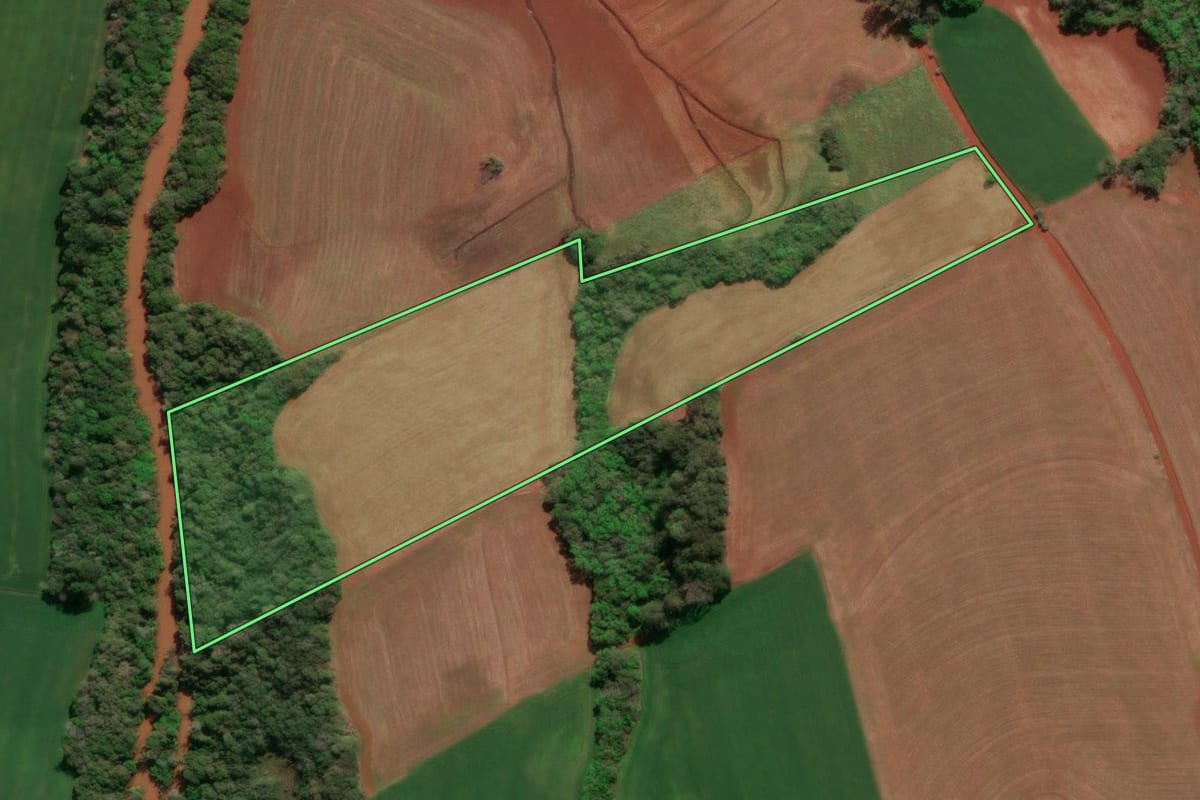 Imagem de satélite do imóvel rural em Independência (RS), com o contorno declarado no CAR desenhado por cima.