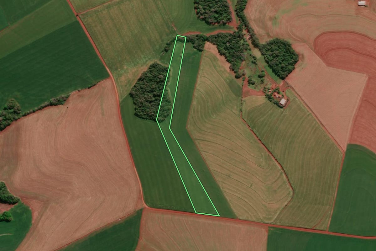 Imagem de satélite do imóvel rural em Independência (RS), com o contorno declarado no CAR desenhado por cima.