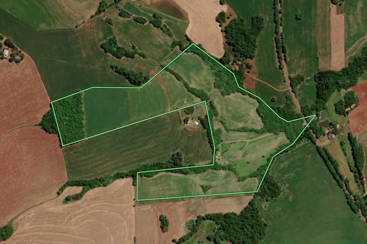 Imagem de satélite do imóvel rural em Independência (RS), com o contorno declarado no CAR desenhado por cima.