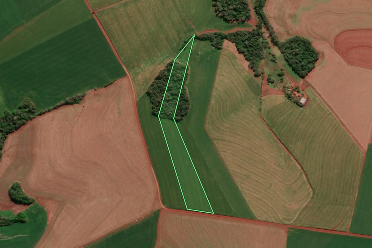 Imagem de satélite do imóvel rural em Independência (RS), com o contorno declarado no CAR desenhado por cima.
