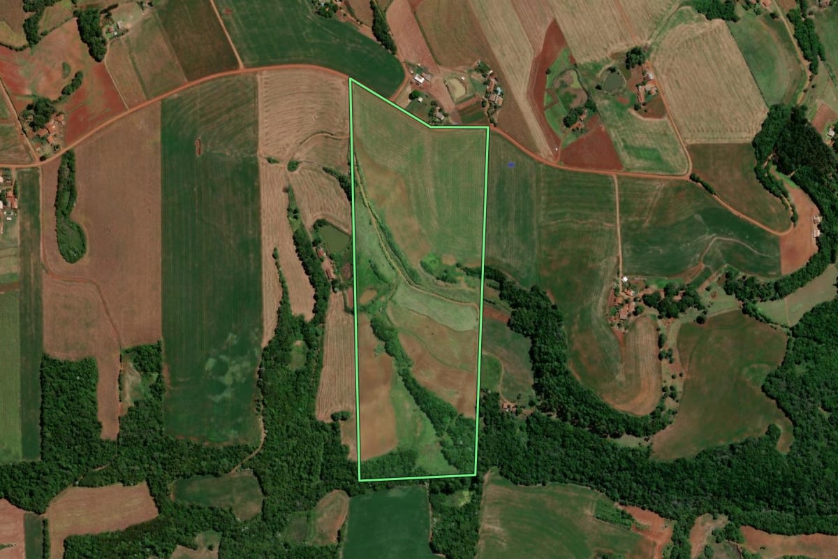 Imagem de satélite do imóvel rural em Independência (RS), com o contorno declarado no CAR desenhado por cima.
