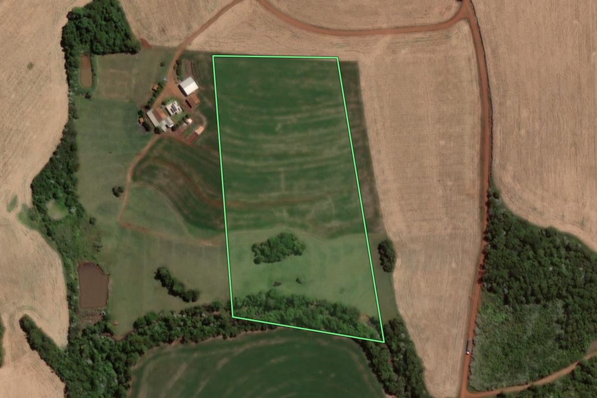 Imagem de satélite do imóvel rural em Independência (RS), com o contorno declarado no CAR desenhado por cima.
