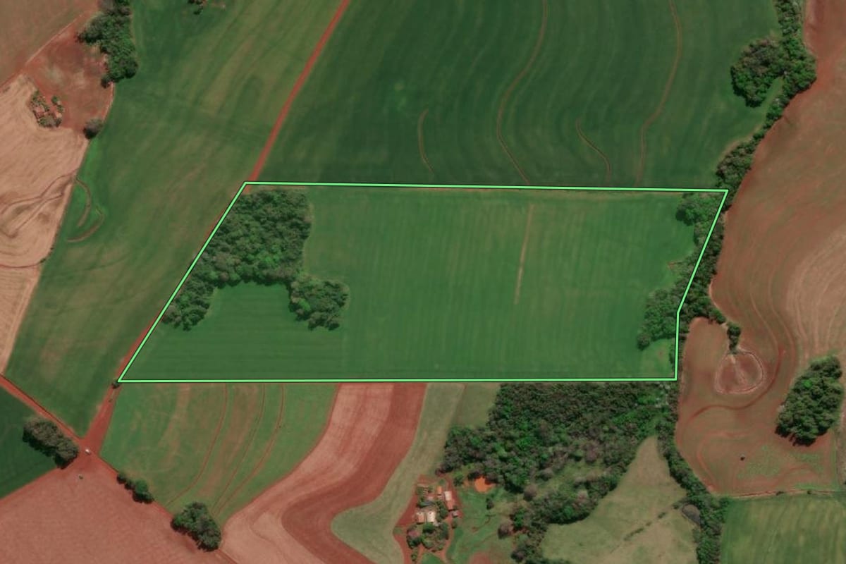 Imagem de satélite do imóvel rural em Independência (RS), com o contorno declarado no CAR desenhado por cima.