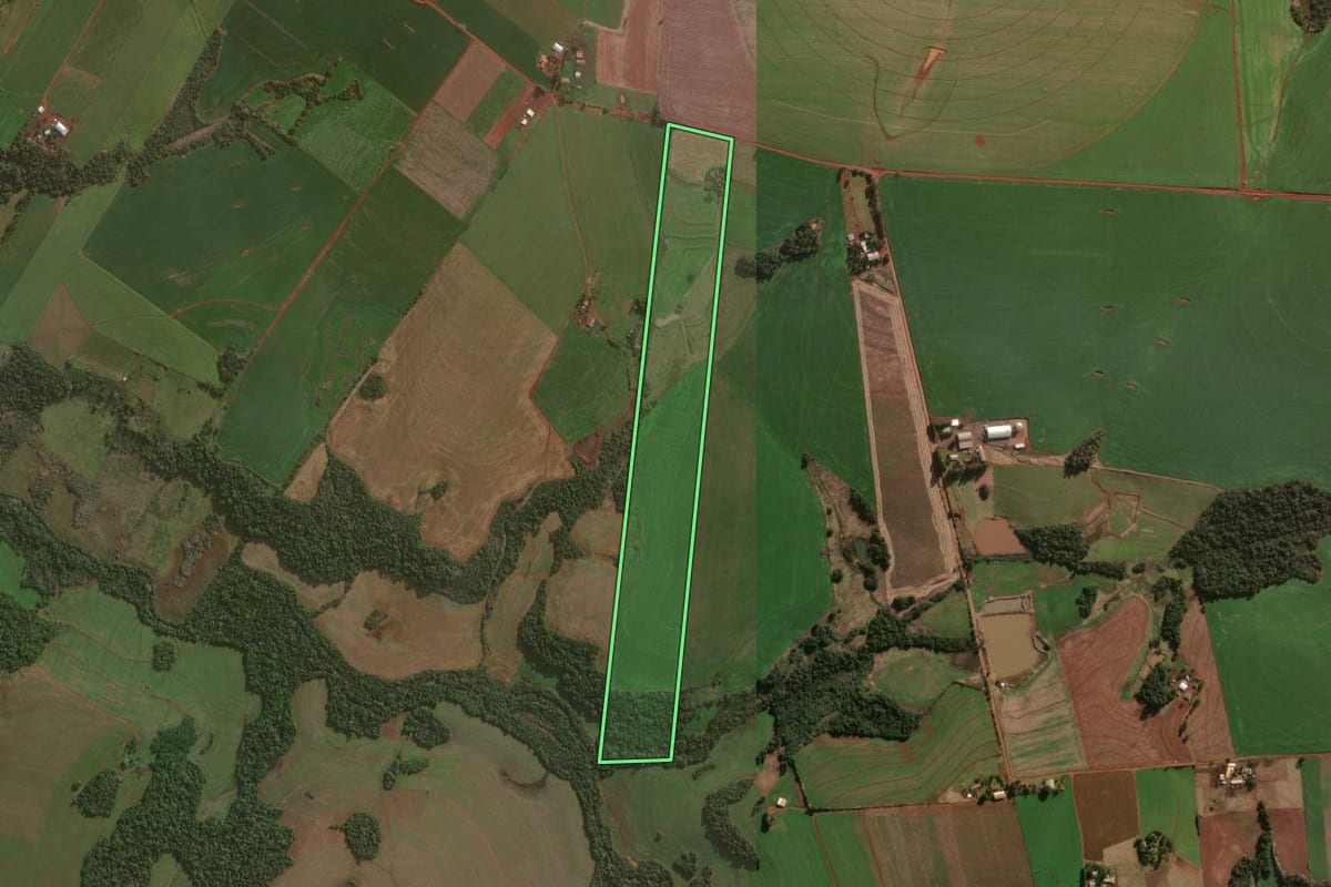 Imagem de satélite do imóvel rural em Independência (RS), com o contorno declarado no CAR desenhado por cima.
