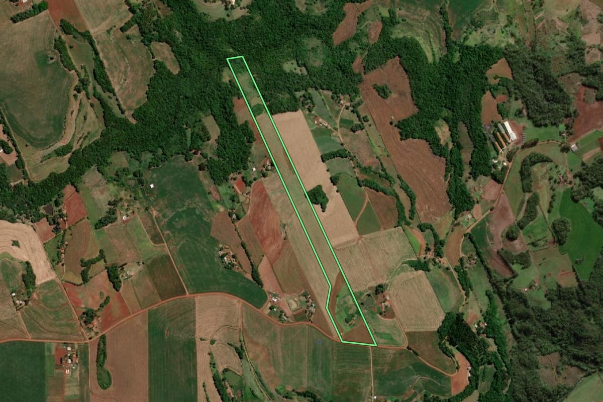 Imagem de satélite do imóvel rural em Independência (RS), com o contorno declarado no CAR desenhado por cima.