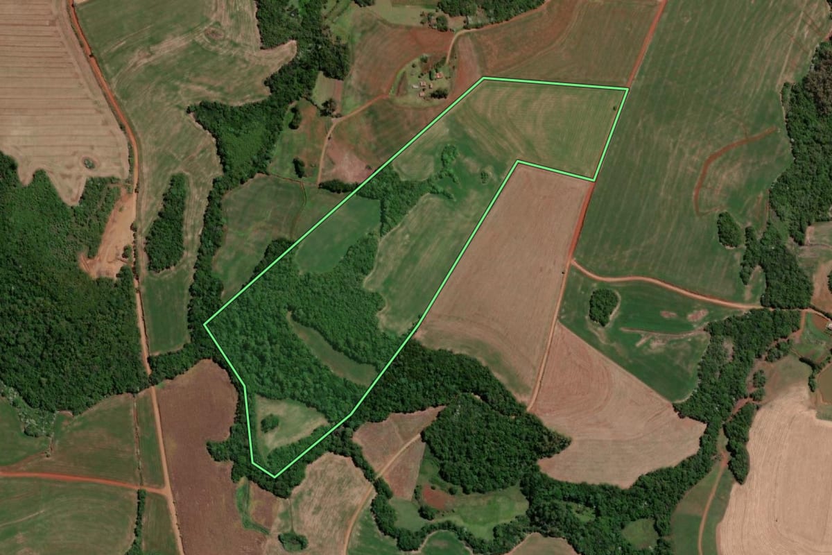 Imagem de satélite do imóvel rural em Independência (RS), com o contorno declarado no CAR desenhado por cima.