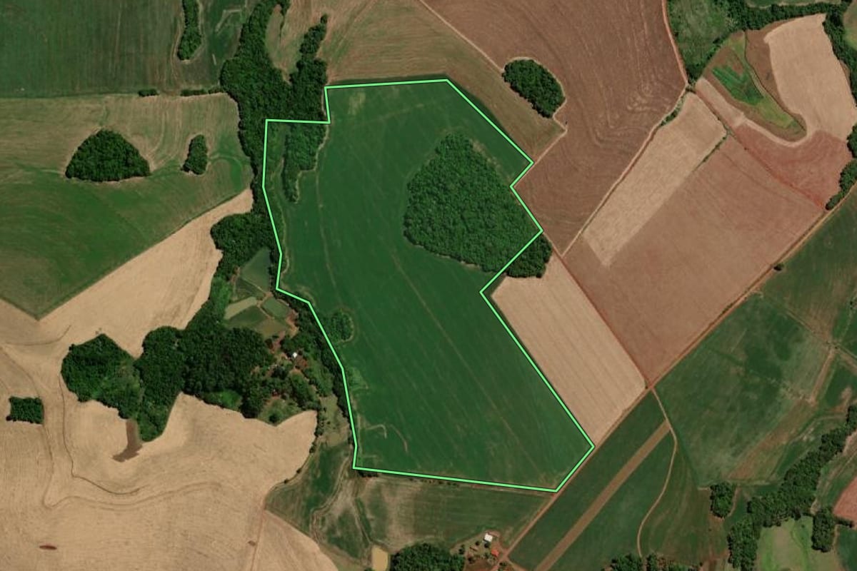 Imagem de satélite do imóvel rural em Independência (RS), com o contorno declarado no CAR desenhado por cima.