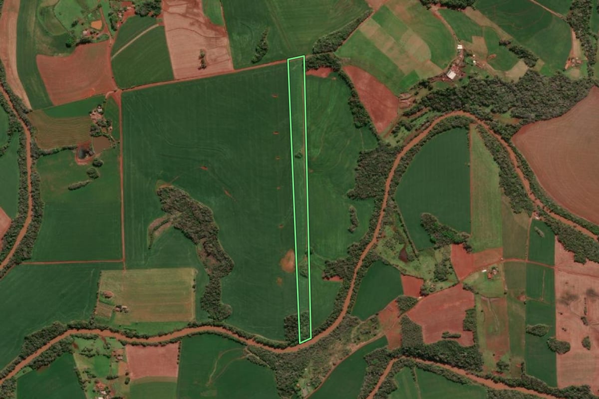 Imagem de satélite do imóvel rural em Independência (RS), com o contorno declarado no CAR desenhado por cima.