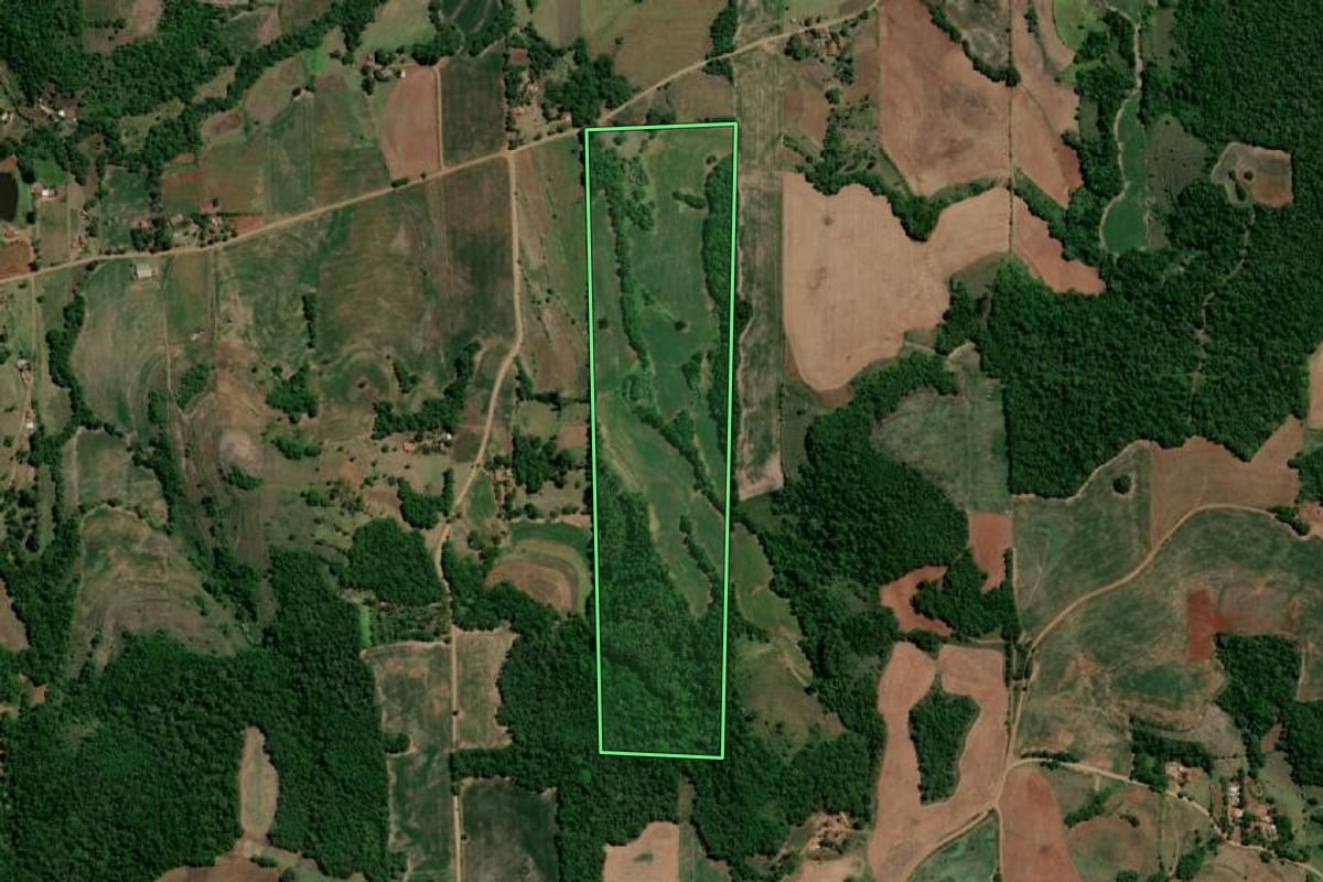 Imagem de satélite do imóvel rural em Independência (RS), com o contorno declarado no CAR desenhado por cima.