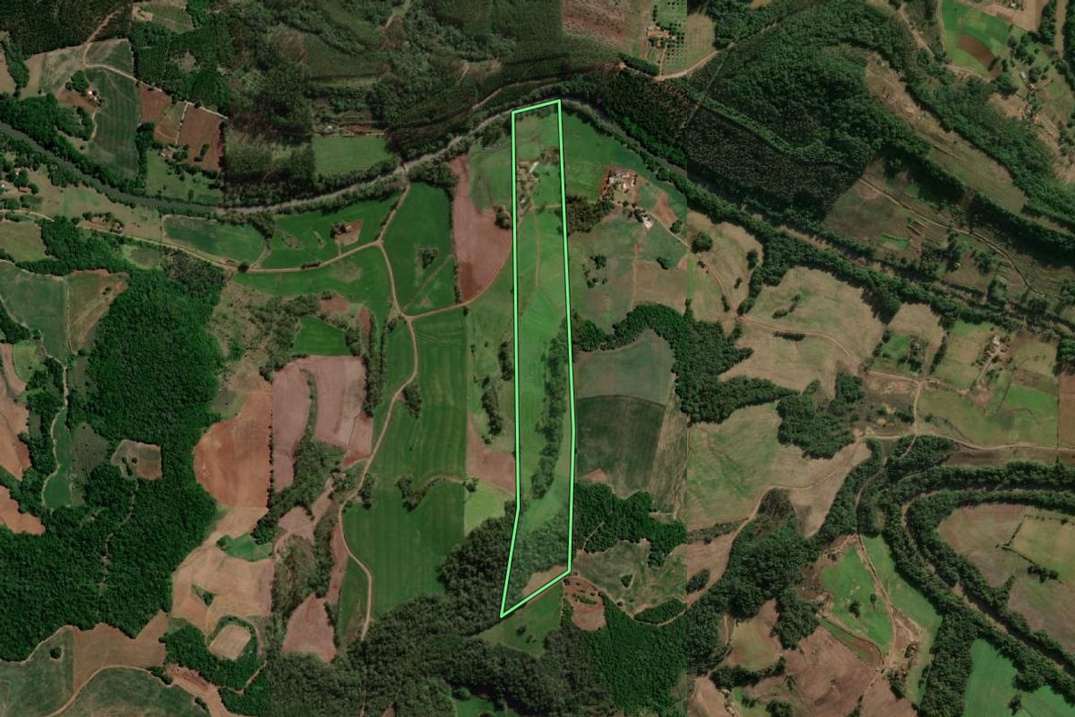 Imagem de satélite do imóvel rural em Independência (RS), com o contorno declarado no CAR desenhado por cima.