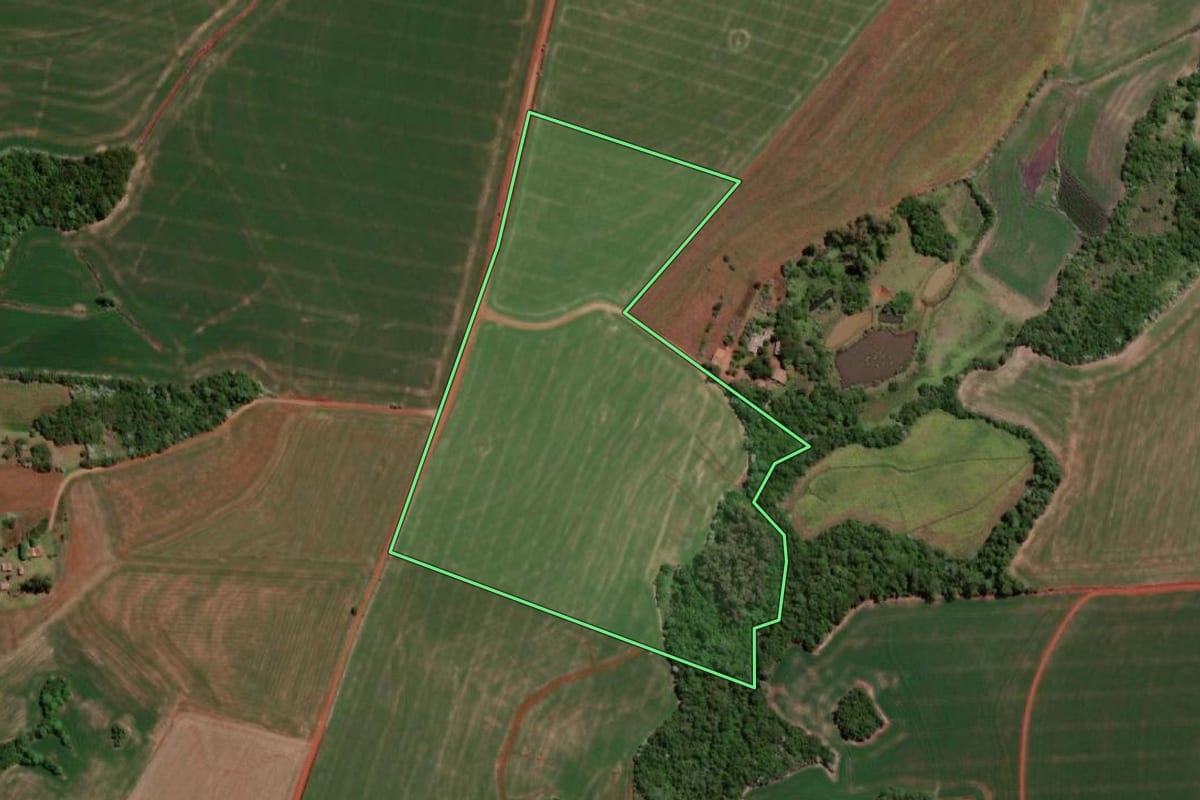 Imagem de satélite do imóvel rural em Independência (RS), com o contorno declarado no CAR desenhado por cima.