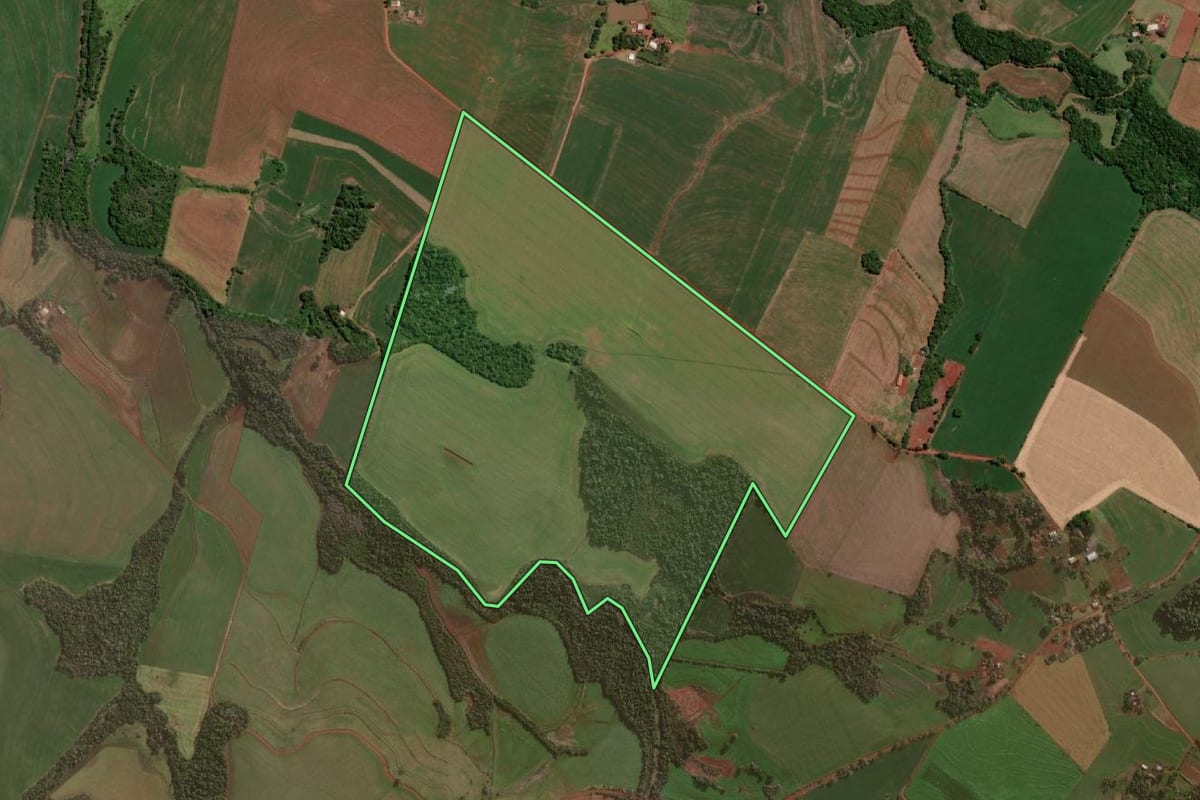 Imagem de satélite do imóvel rural em Independência (RS), com o contorno declarado no CAR desenhado por cima.