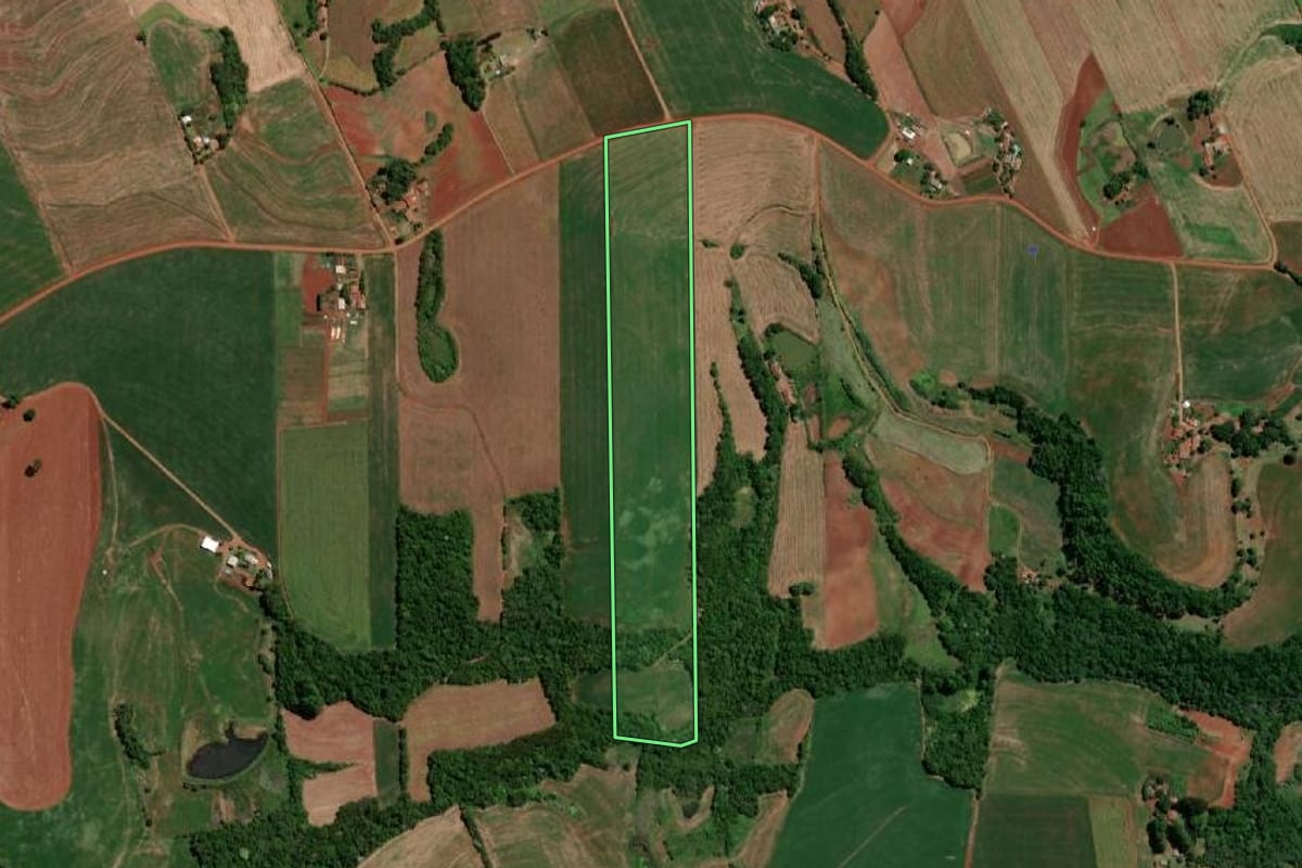 Imagem de satélite do imóvel rural em Independência (RS), com o contorno declarado no CAR desenhado por cima.