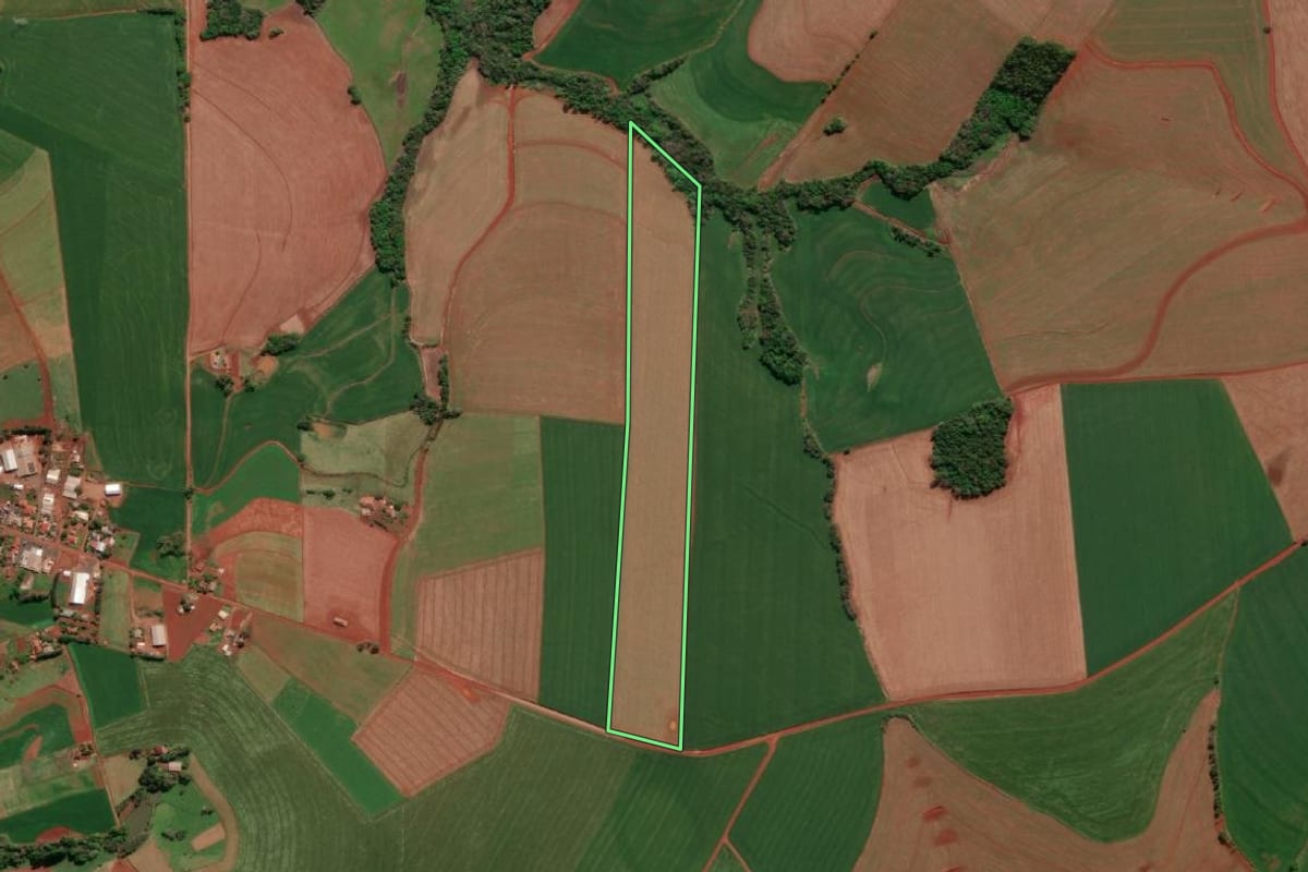 Imagem de satélite do imóvel rural em Independência (RS), com o contorno declarado no CAR desenhado por cima.