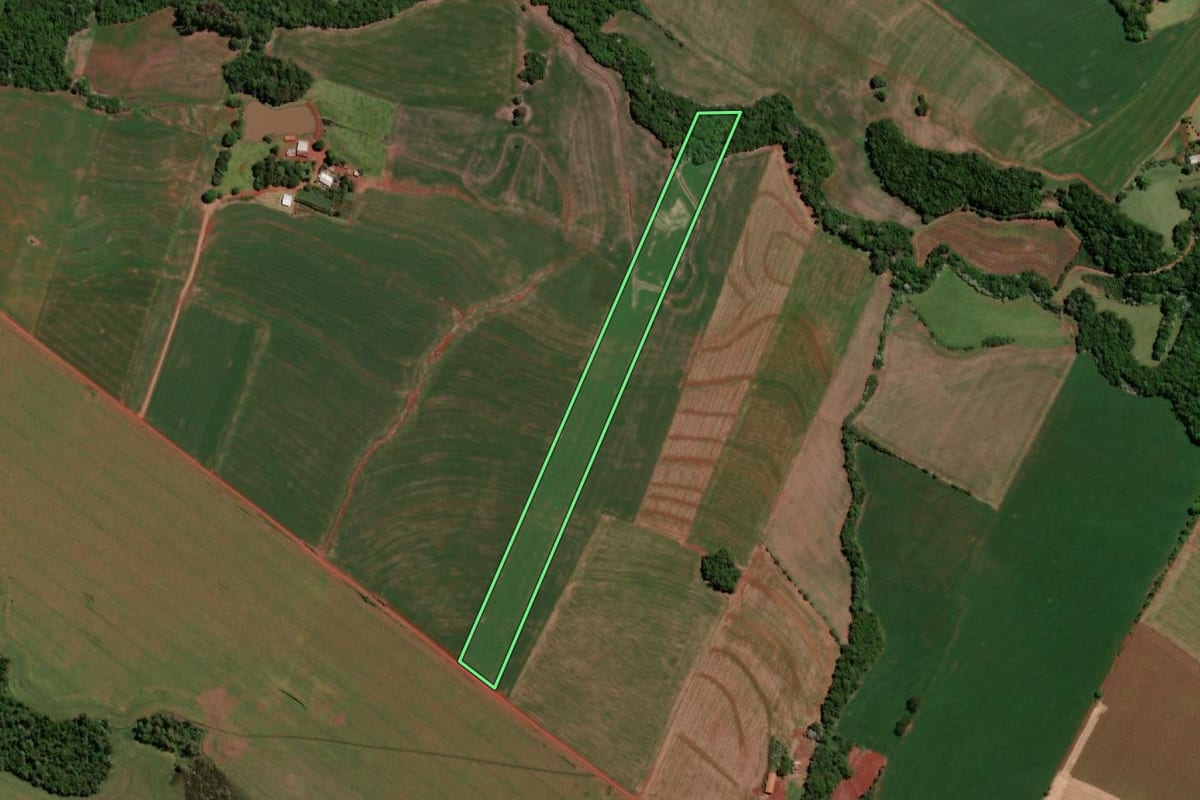 Imagem de satélite do imóvel rural em Independência (RS), com o contorno declarado no CAR desenhado por cima.