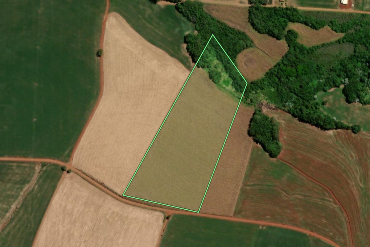 Imagem de satélite do imóvel rural em Independência (RS), com o contorno declarado no CAR desenhado por cima.