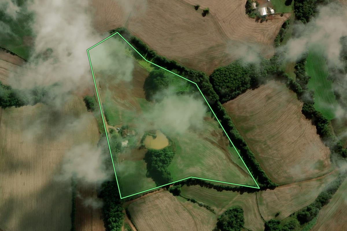 Imagem de satélite do imóvel rural em Inhacorá (RS), com o contorno declarado no CAR desenhado por cima.
