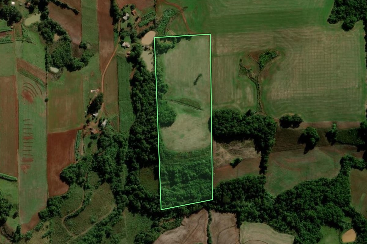 Imagem de satélite do imóvel rural em Inhacorá (RS), com o contorno declarado no CAR desenhado por cima.