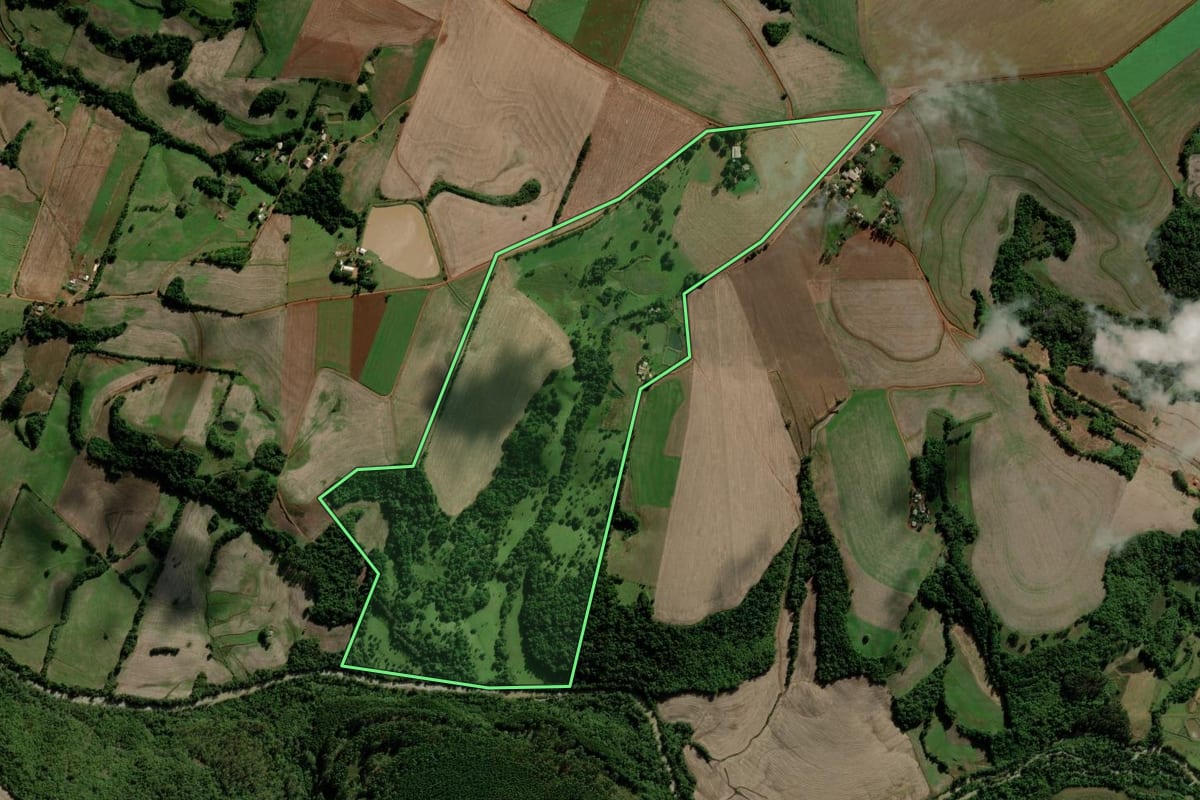 Imagem de satélite do imóvel rural em Inhacorá (RS), com o contorno declarado no CAR desenhado por cima.